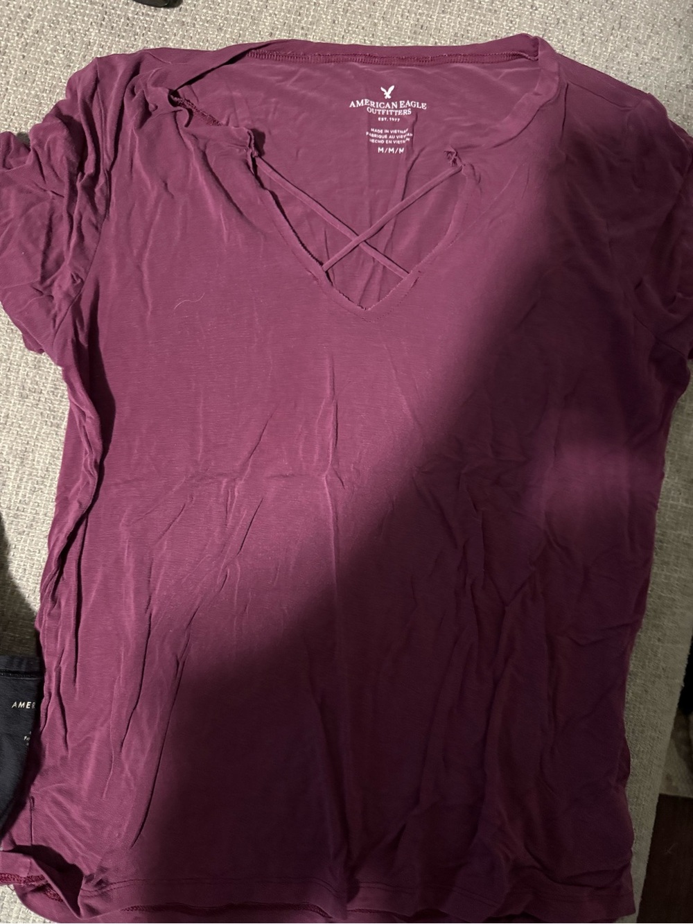 American Eagle Outfitters Plum Crisscross V-Neck Tee